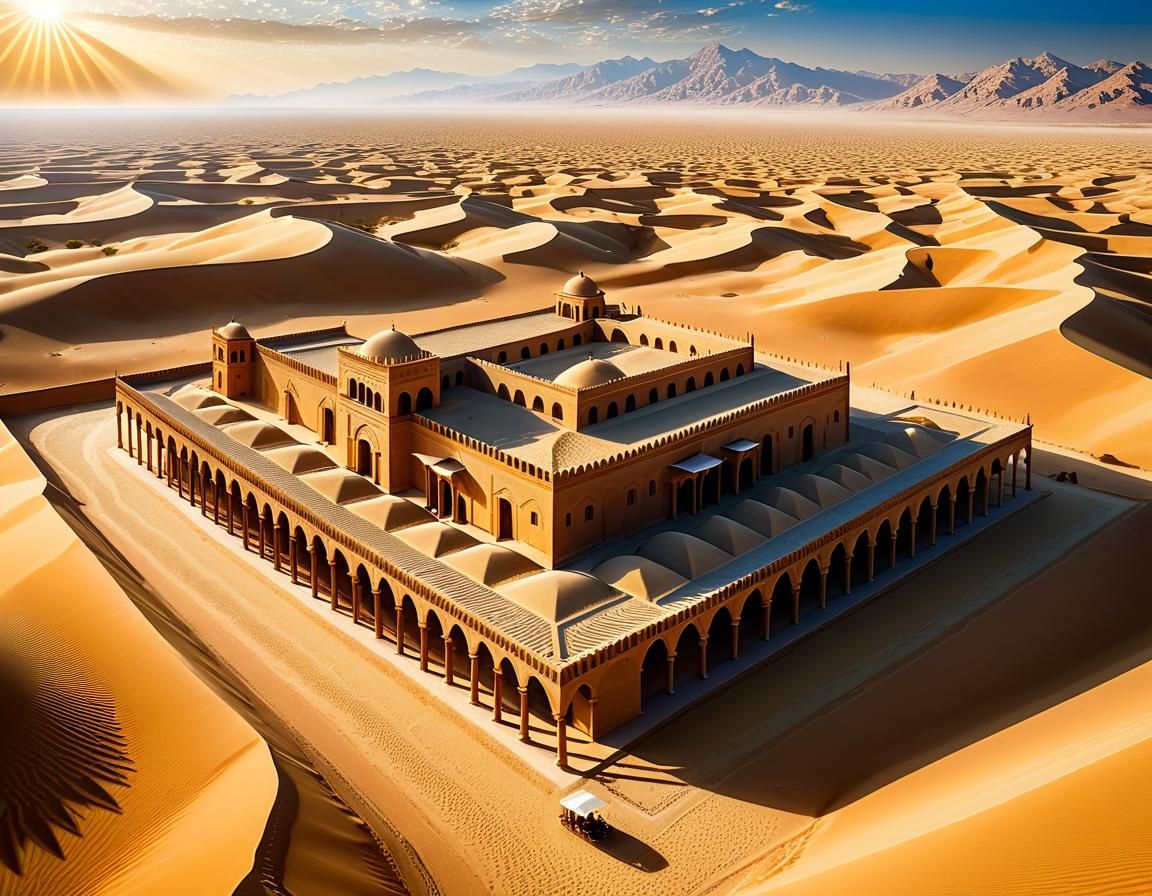 Desert Caravanserai Fresco with Bactrian Caravan