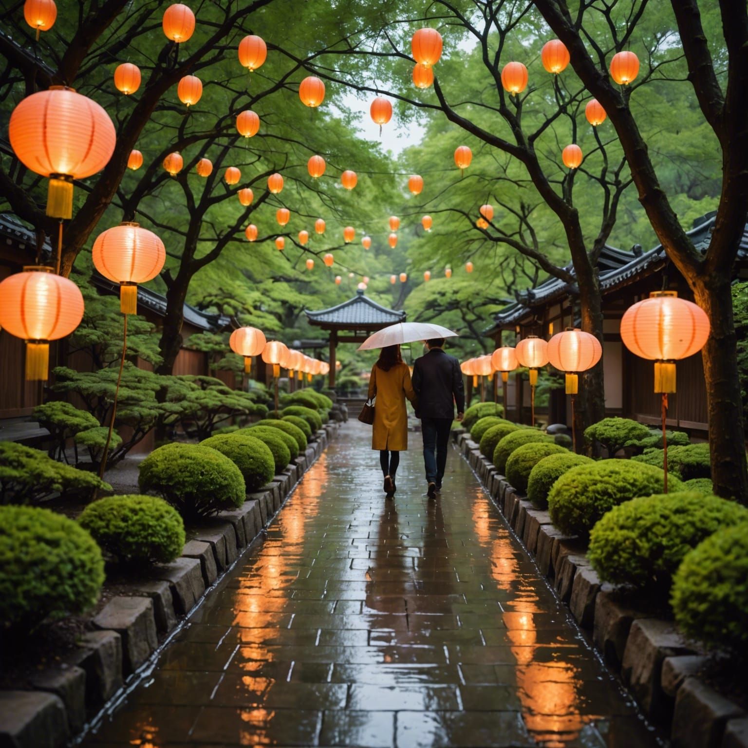 Couple Strolls Through Rain-Kissed Japanese Garden