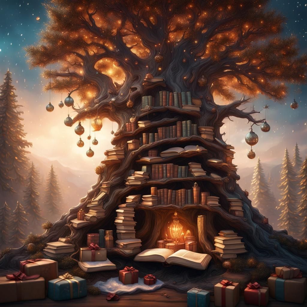 Festive Christmas Book Tree: Detailed Fantasy Art