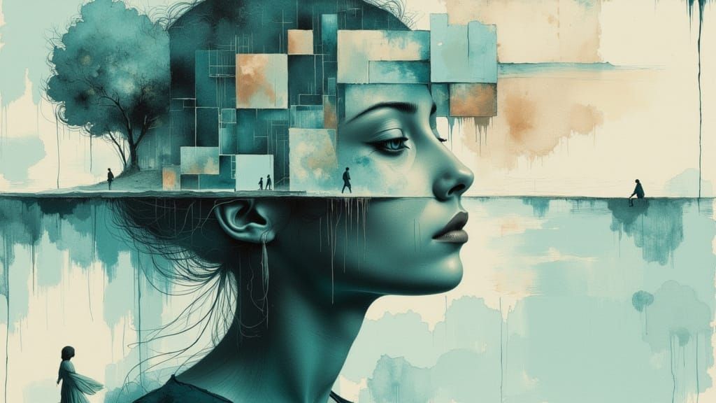 Abstract Crystal Cubes and Ink Clouds in Watercolor Style