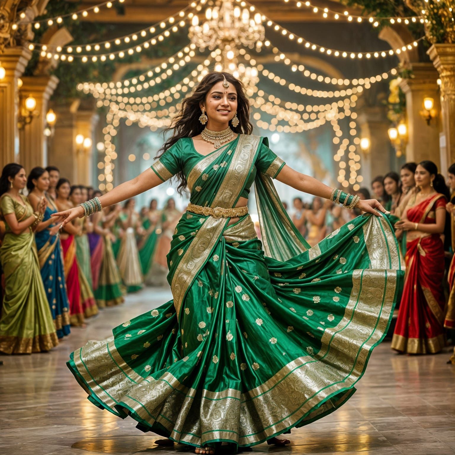 Indian Woman Dancing in Magical Sari with Fairy Lights