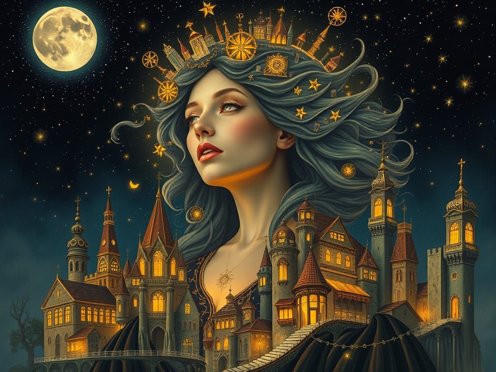 Surreal Miss Acacia with Dreamlike Towns Nestled in Her Head...