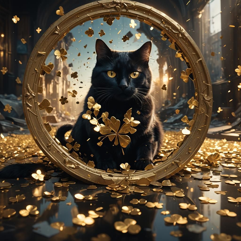Black Cat Reflected in a Golden Clover Mirror