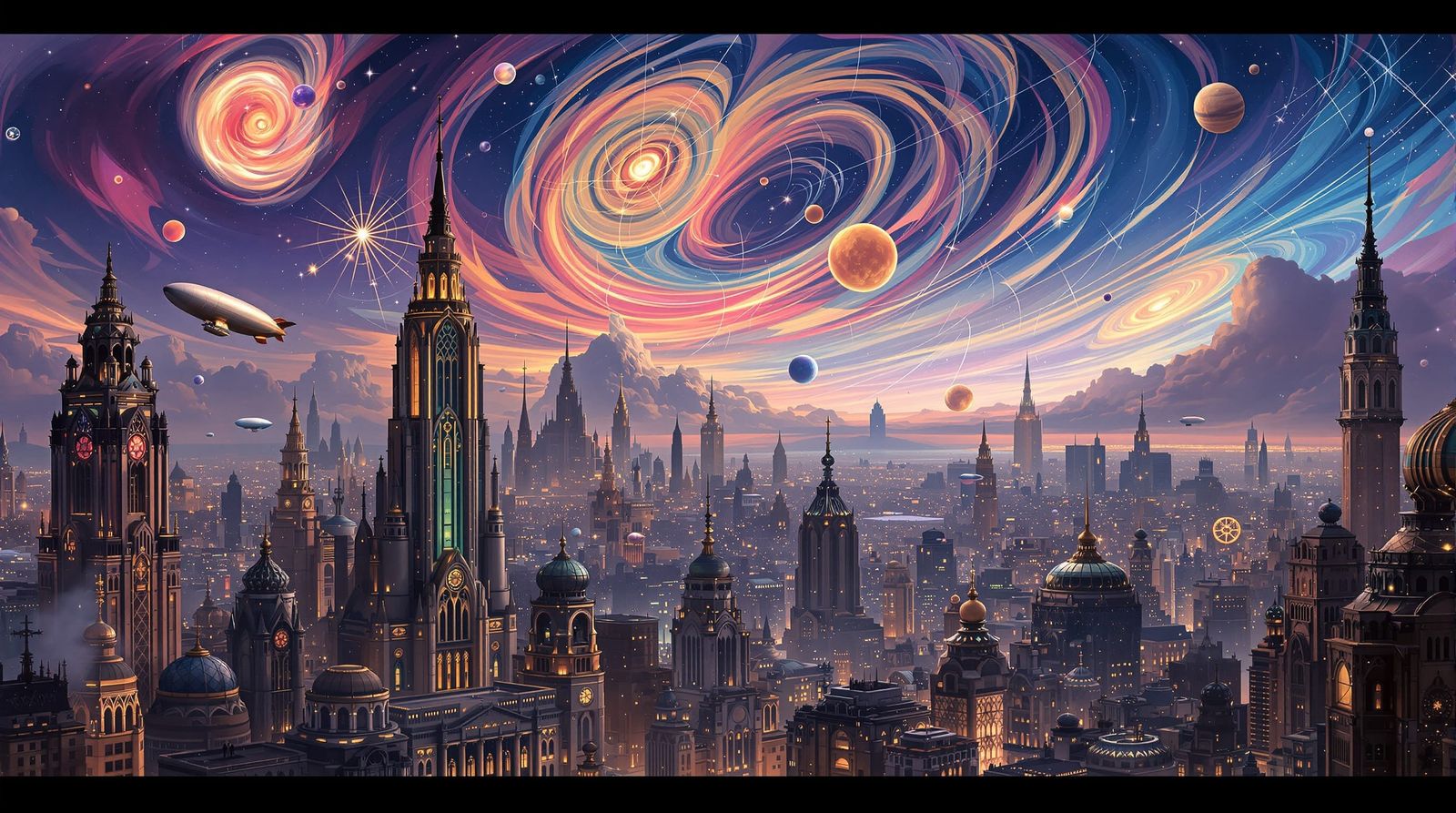 Art Deco Cityscape at Twilight with Zeppelins