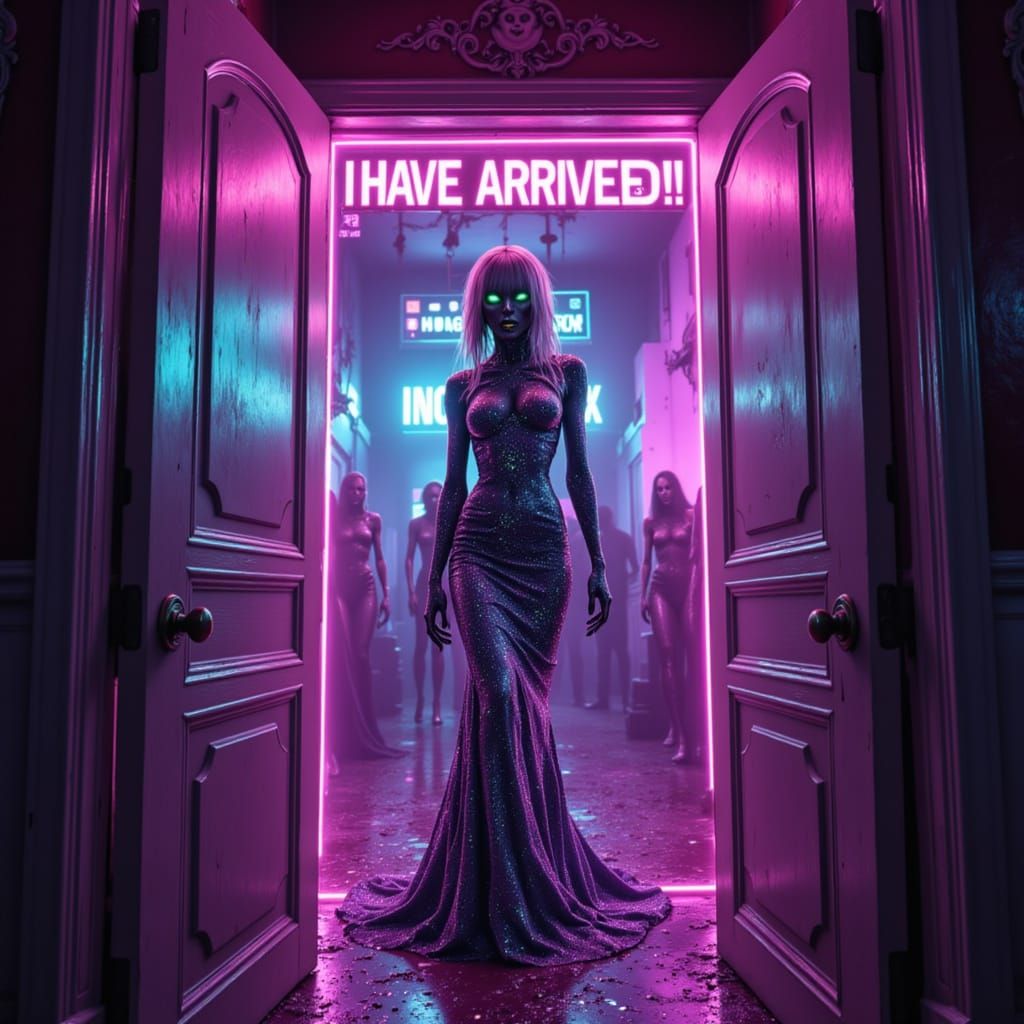 Fashion Model Zombie Enters Futuristic Room with Glitter Neo...