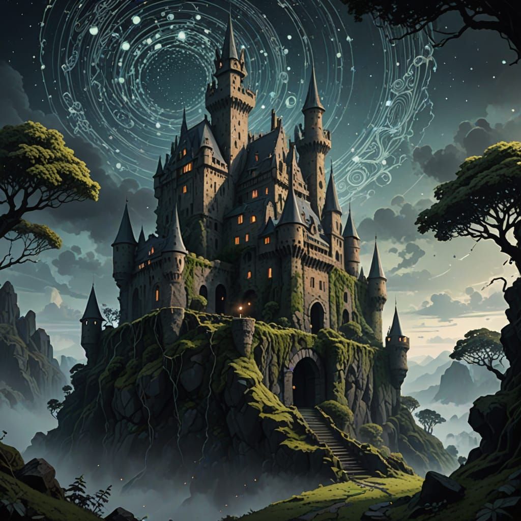Ancient Castle Silhouetted Against Cosmic Sky
