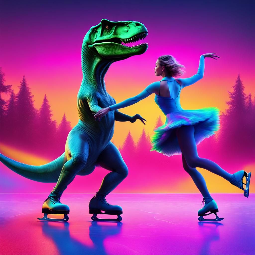 T-Rex Dances on Ice in Neon Hues