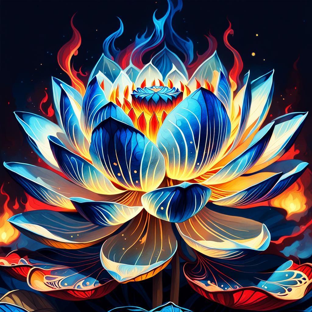 Surreal Blue and Red Flame Lotus Illuminated by Magical Ligh...