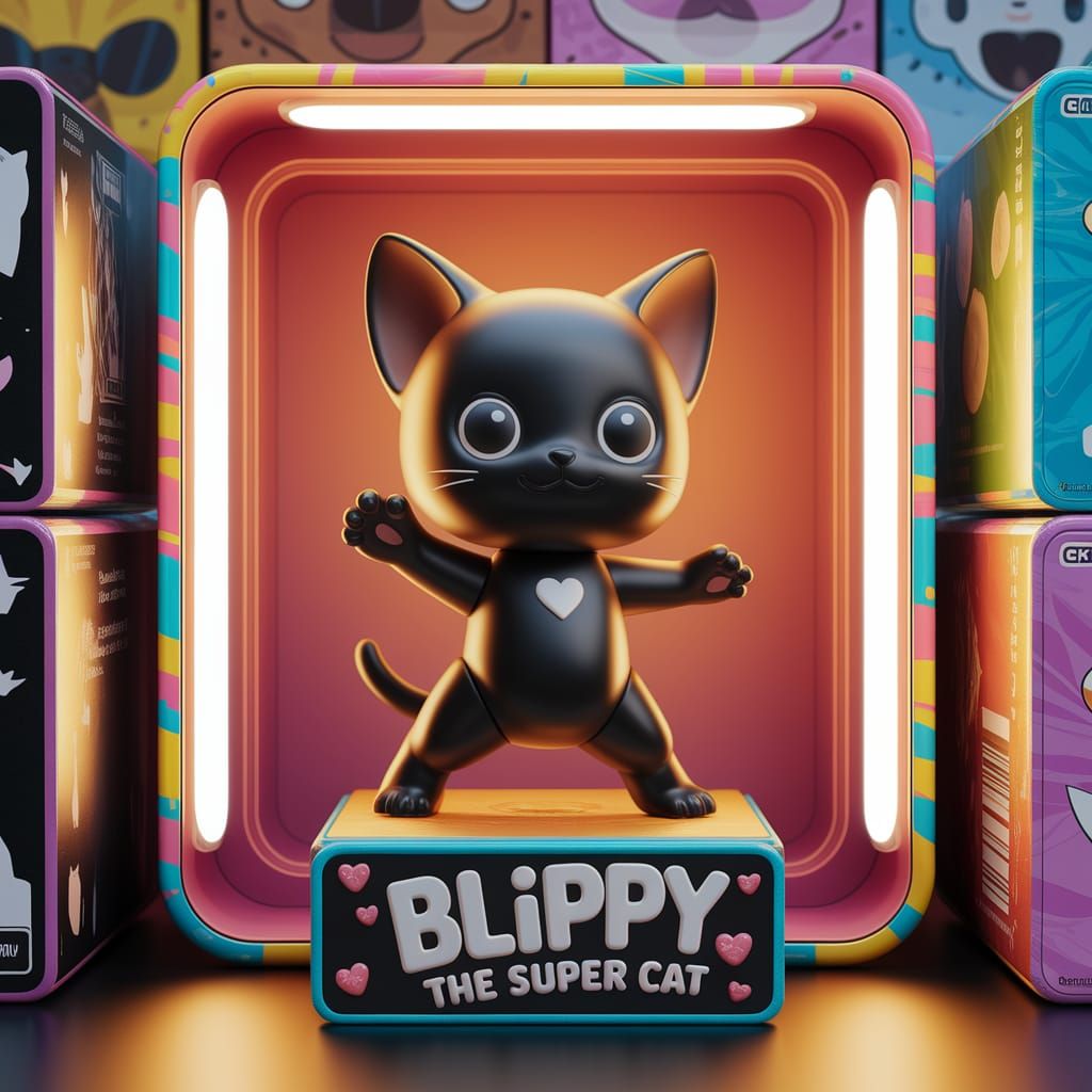 Chibi Black Kitten Blippy the Super Cat in Colorful Box