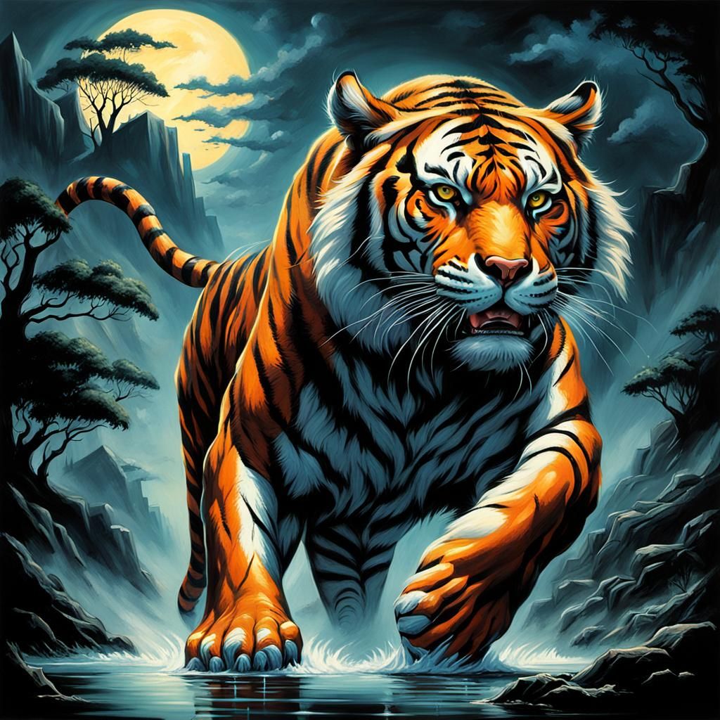 Tiger in Fantasy Landscape in Comic Noir Style