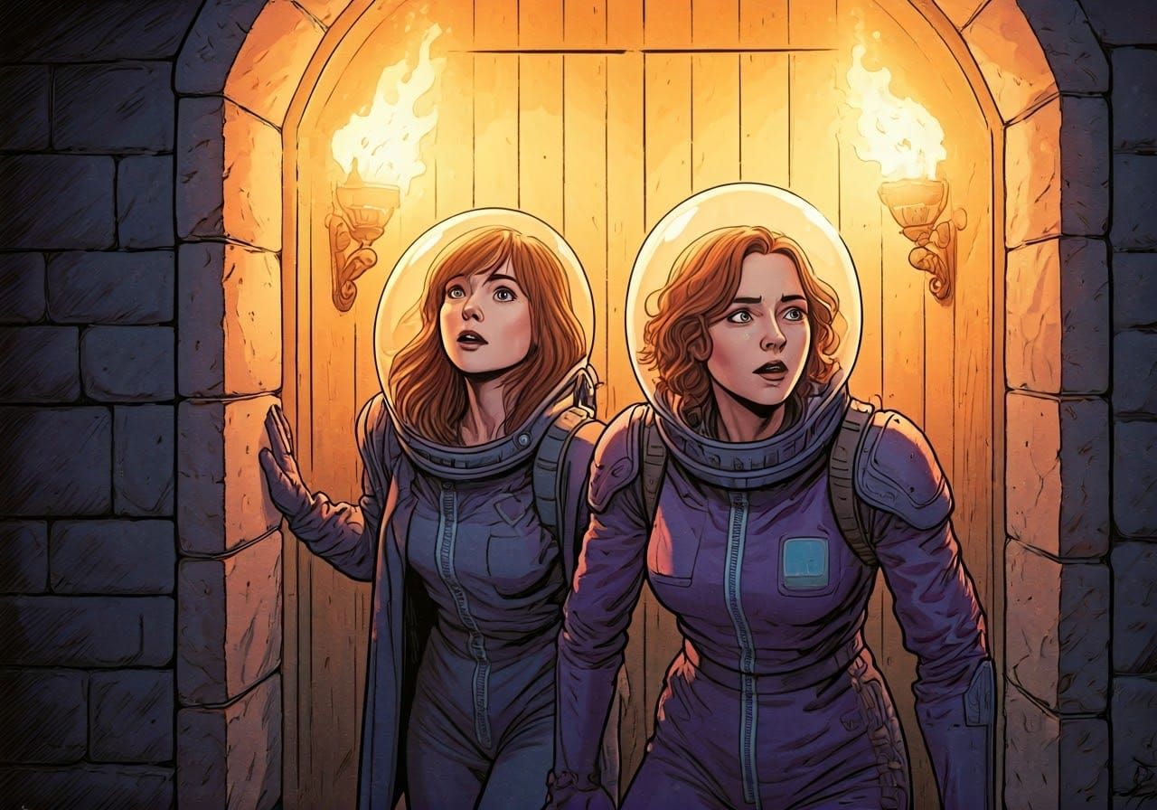 Purple Spacesuits in Medieval Corridor