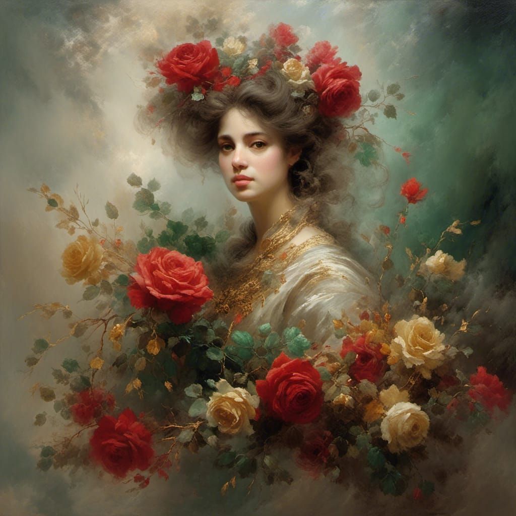 Lady's Portrait with Red, Green, and Gold Roses
