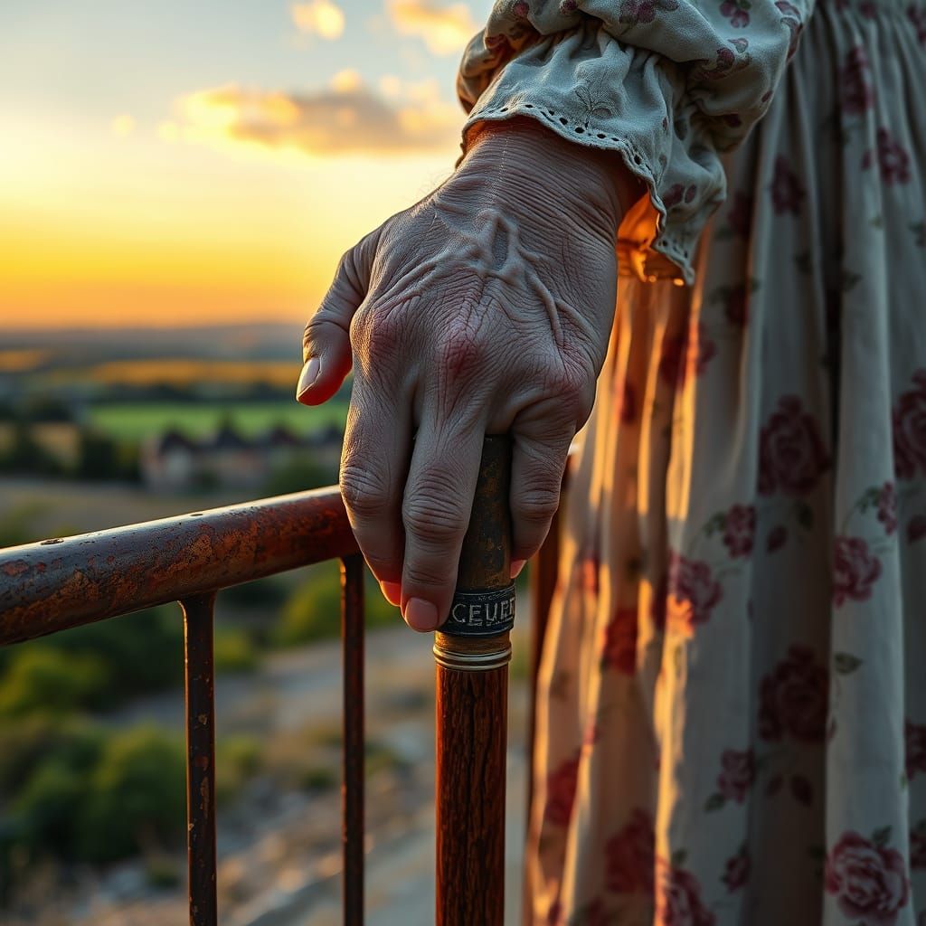 Elderly Woman Reflects on Life's Journey in a Golden Hour La...