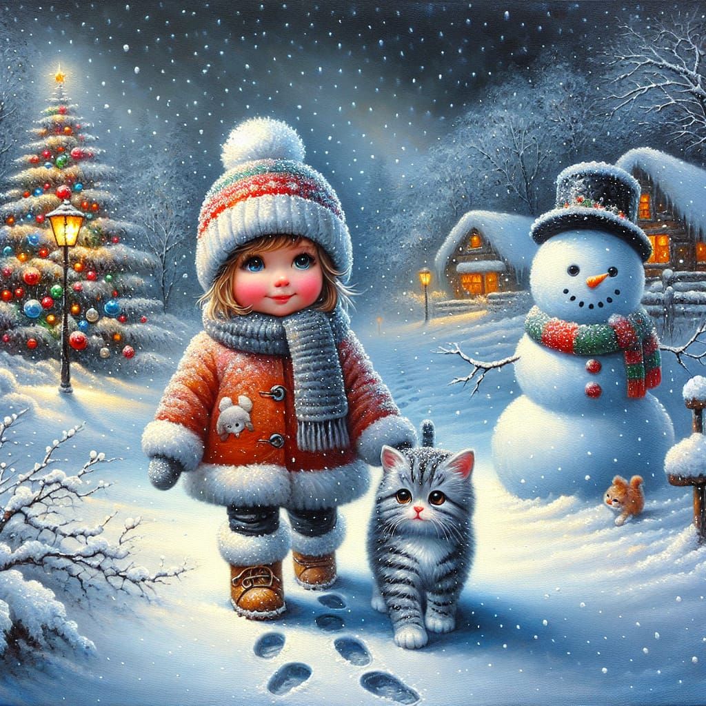 Winter Wonderland Oil Painting: Girl and Cat Walk Towards Ch...