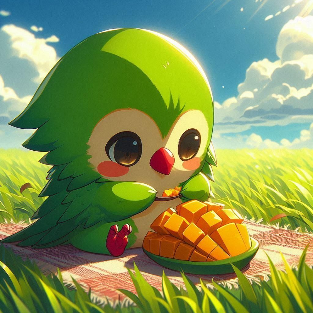 Chibi Bird Eating Mango in Anime Style