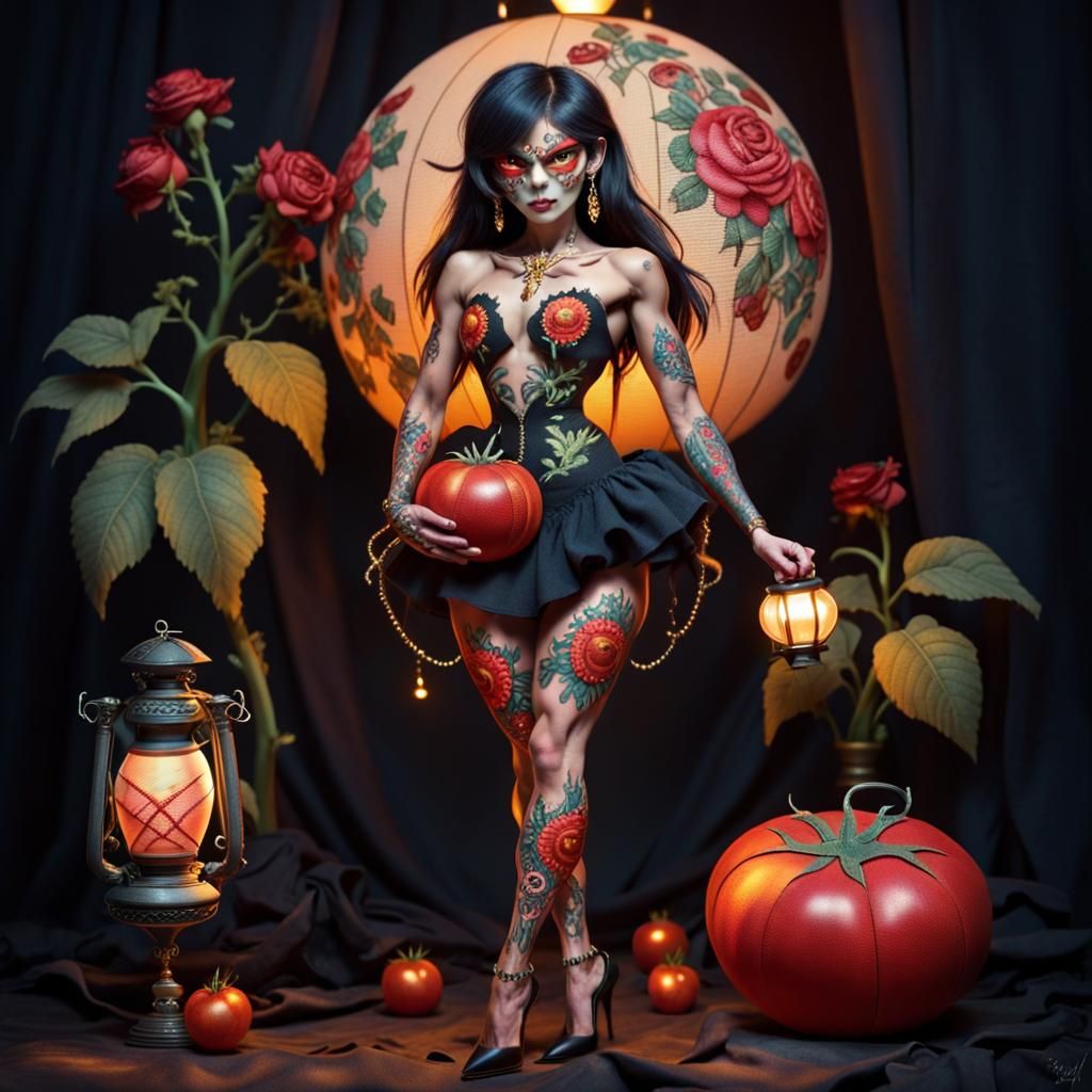 Whimsical Tomato Fabric Sculpture with Floral Tattoos