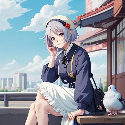 Sweet Baby Girl with Pigeon in Anime Style