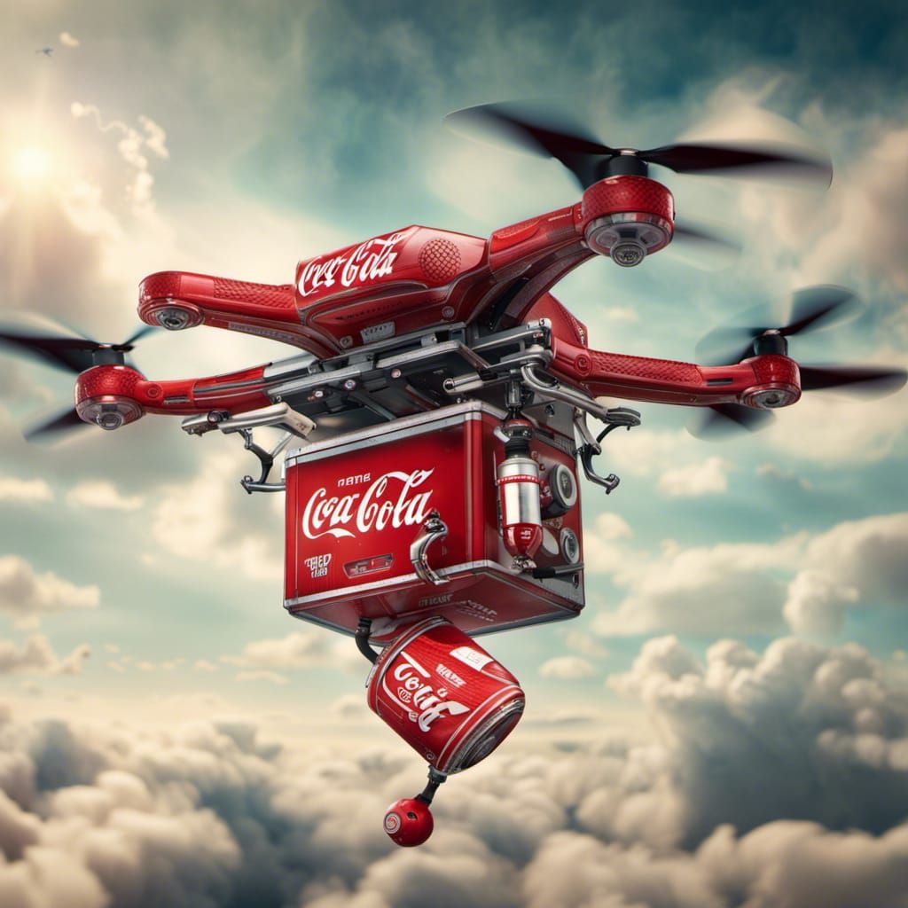 Coca-Cola Drone Dispenser in Hyperrealistic Flight