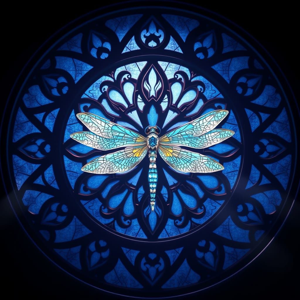 Crystal Dragonfly in Majestic Gothic Stained Glass Window