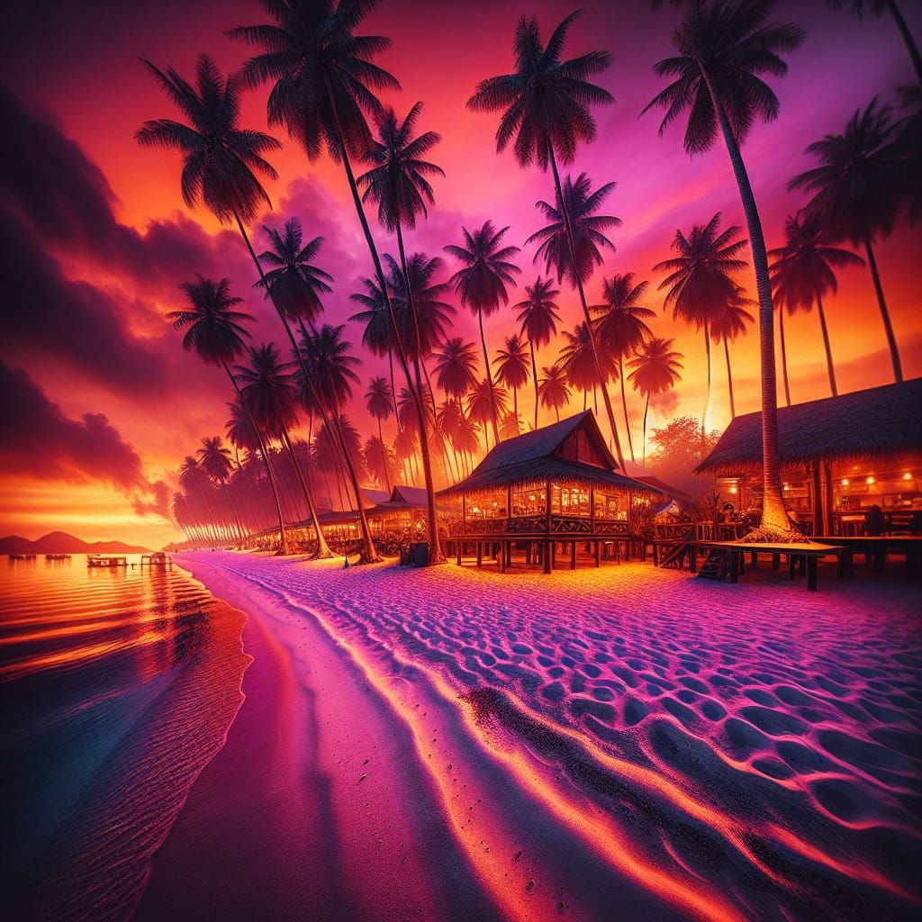 Tropical Beach Sunset in Surreal Monochromatic Style