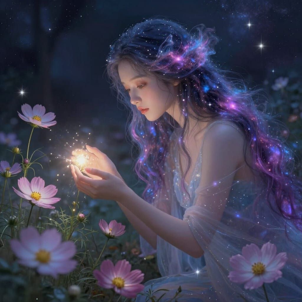 Celestial Being Tends Cosmic Garden in Ethereal Digital Pain...