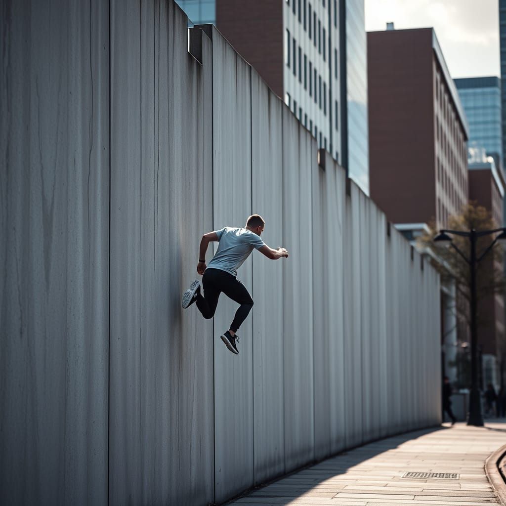 Man Performs Parkour on City Wall