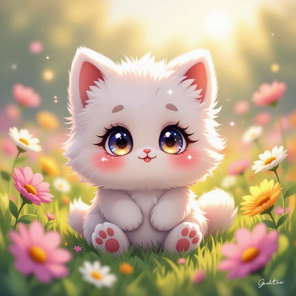 Cute Fluffball Creature with Kawaii Eyes in Flower Field