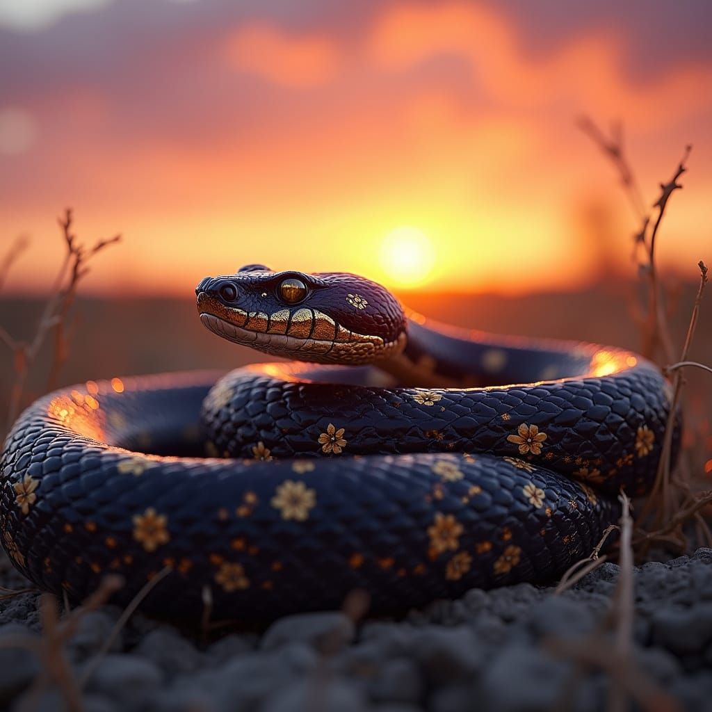 Majestic Australian Sunset King Brown Snake in Intricate Gol...