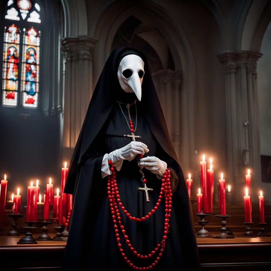 Veiled Plague Doctor Nun in Candlelit Church