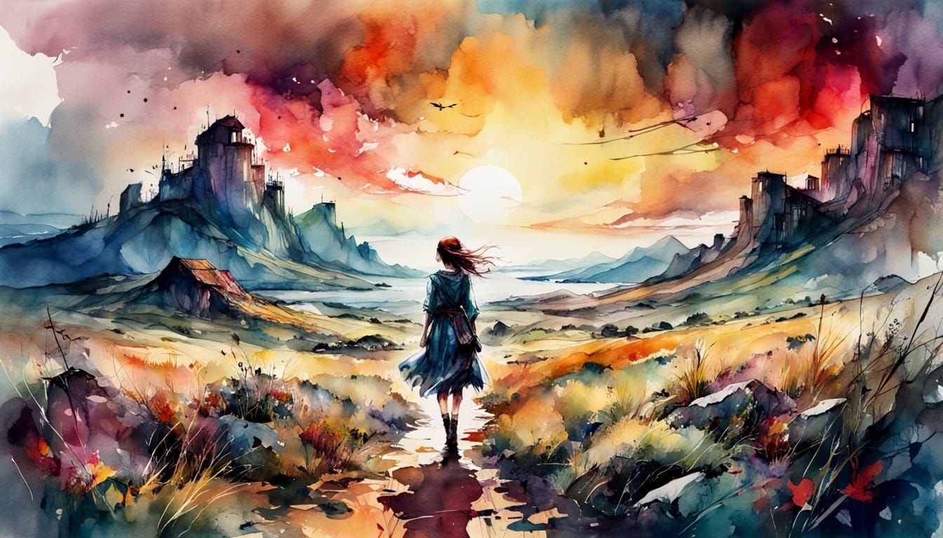 Majestic Landscape in Watercolor Cubist Style