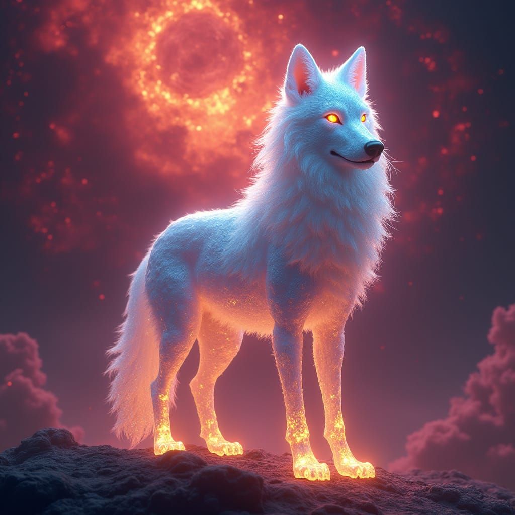 Ethereal Glass Wolf Reigns Supreme in Vibrant Crimson Cosmos