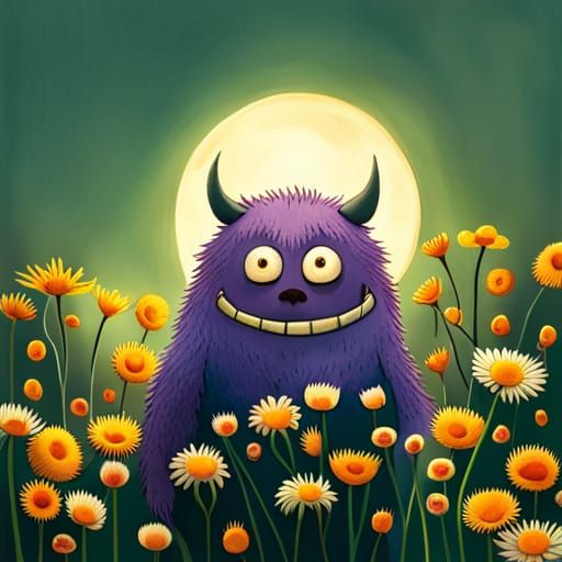 Cute Purple Monster in Flower Field