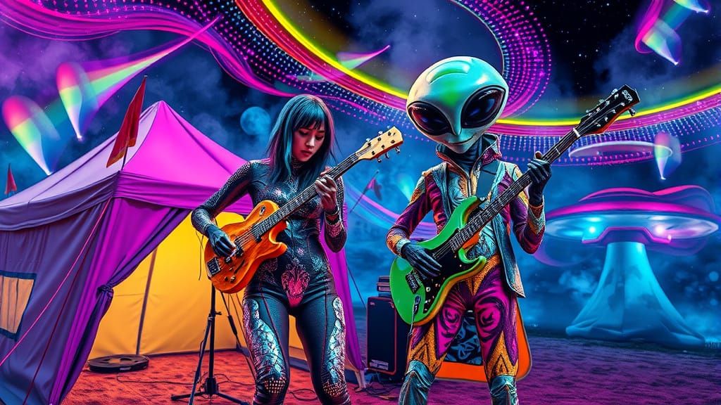 Cyberpunk Woman and Alien Jam Session Under Rainbow Lights