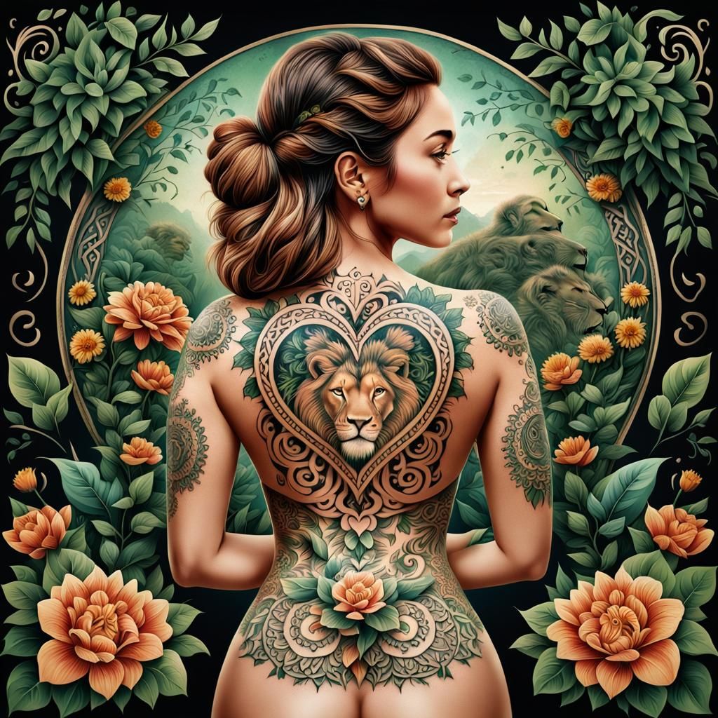 Tattoo Art: Lion Heart in Lush Greenery