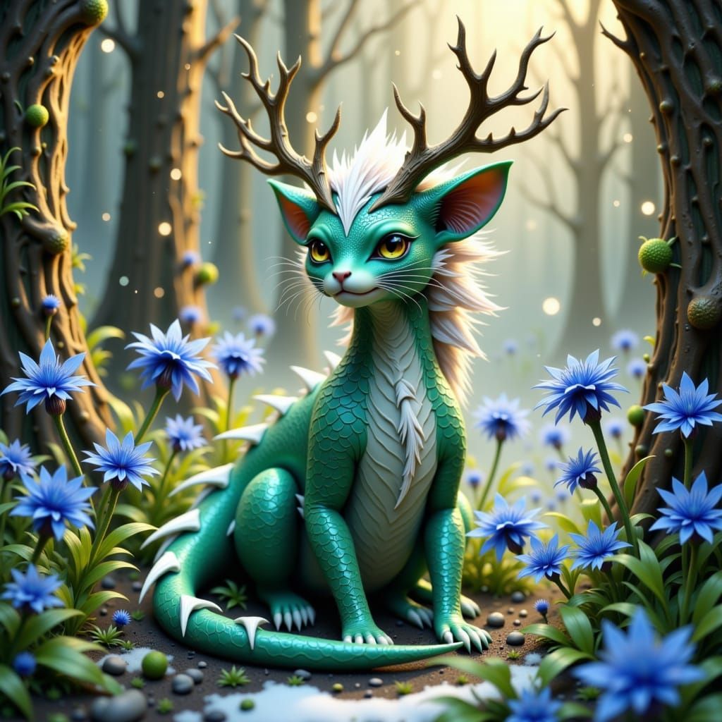 Jade Dragon-Cat in Winter Forest, Fantasy Art