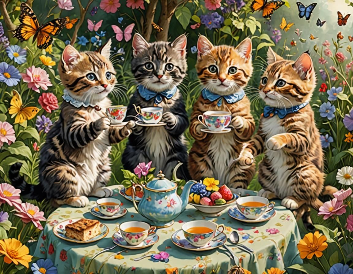 Kittens' Tea Party in Cartoon Style