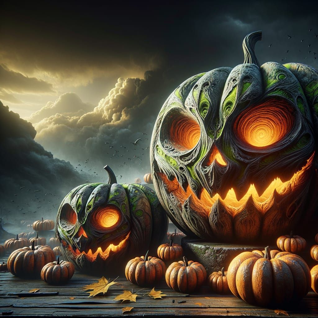 Dramatic Stone Jack-o'-Lanterns in Eerie Matte Painting Styl...