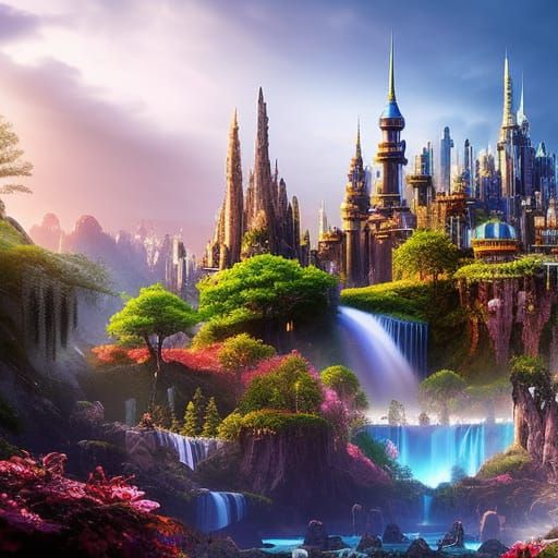 Epic Waterfall City in Digital Matte Painting