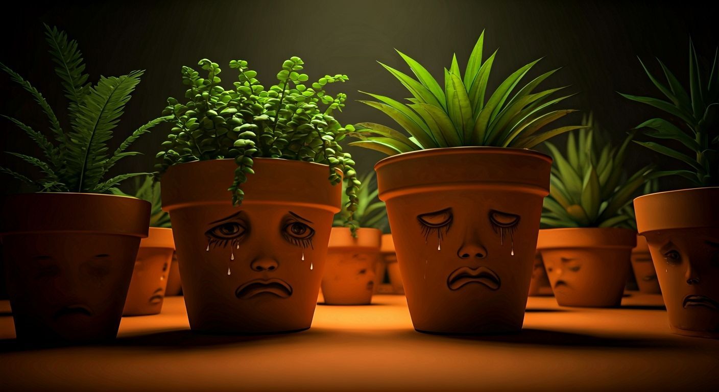 Surreal Sad Plants in Dimly Lit Room