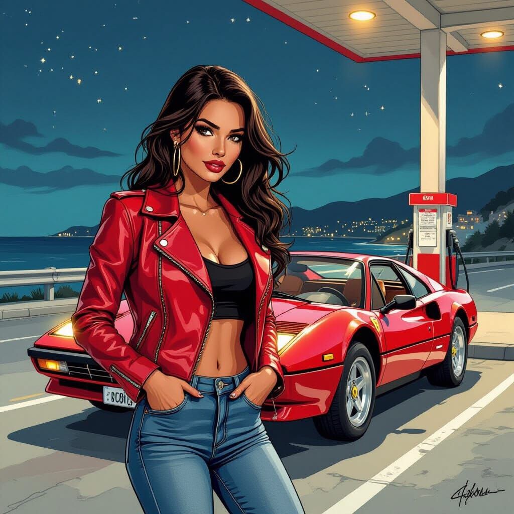 Woman Leaning on Ferrari in Comic Art Style