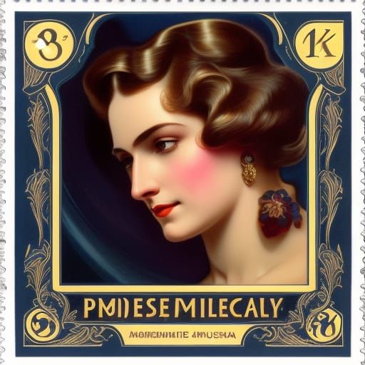 A traditional square UK postage stamp featuring a very beautiful woman from the 1930s