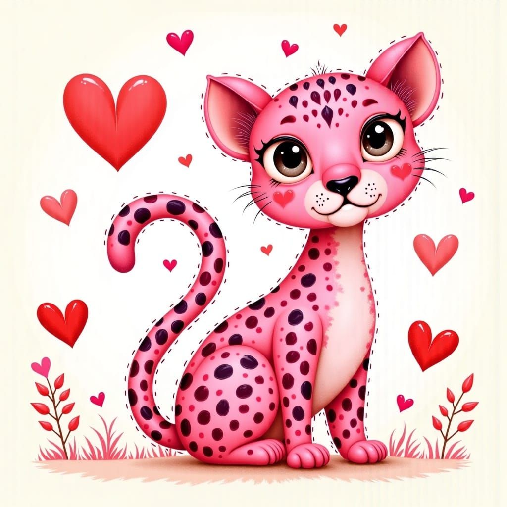 Playful Pink Leopard with Heart Spots in Folk Art Style