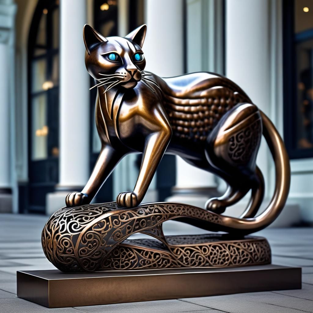 Bronze Filigree Cat Statue with Topaz Eyes