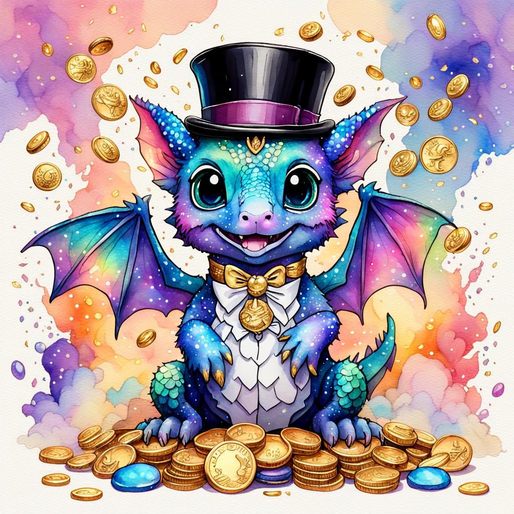 Cute Chibi Dragon on Gold Hoard, Watercolor Style