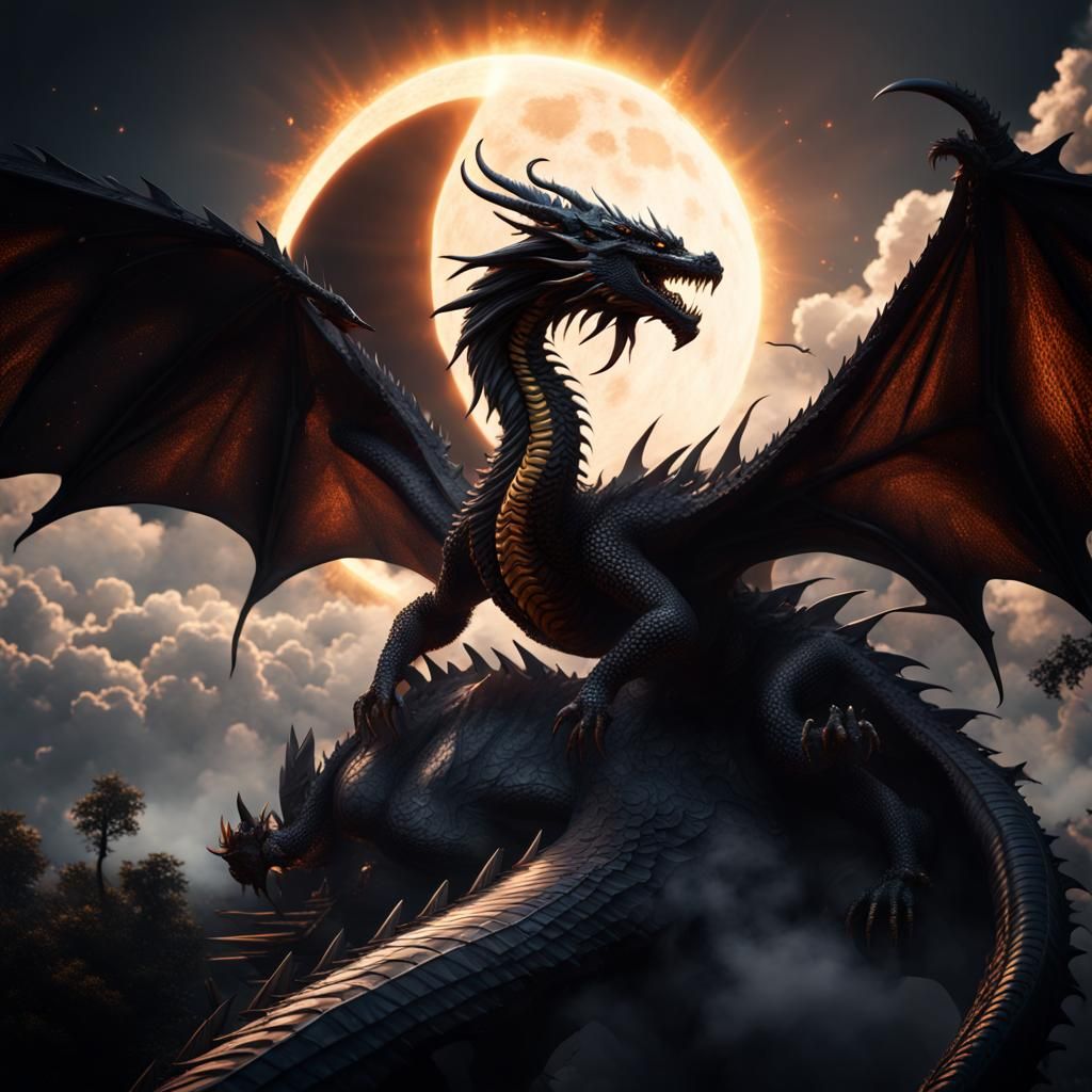 Majestic Black Dragon Soaring Before Solar Eclipse