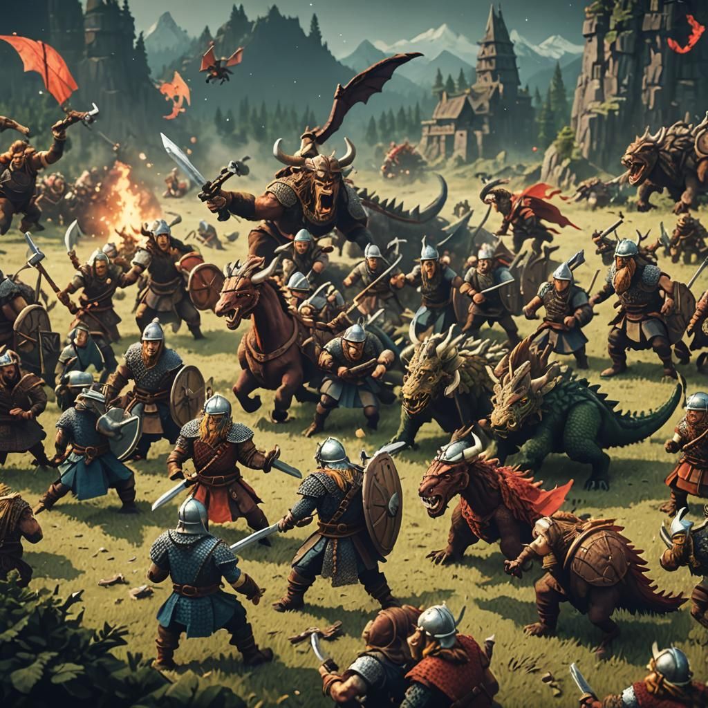 Pixelated Viking Warriors Slay Dragon in Vintage Game