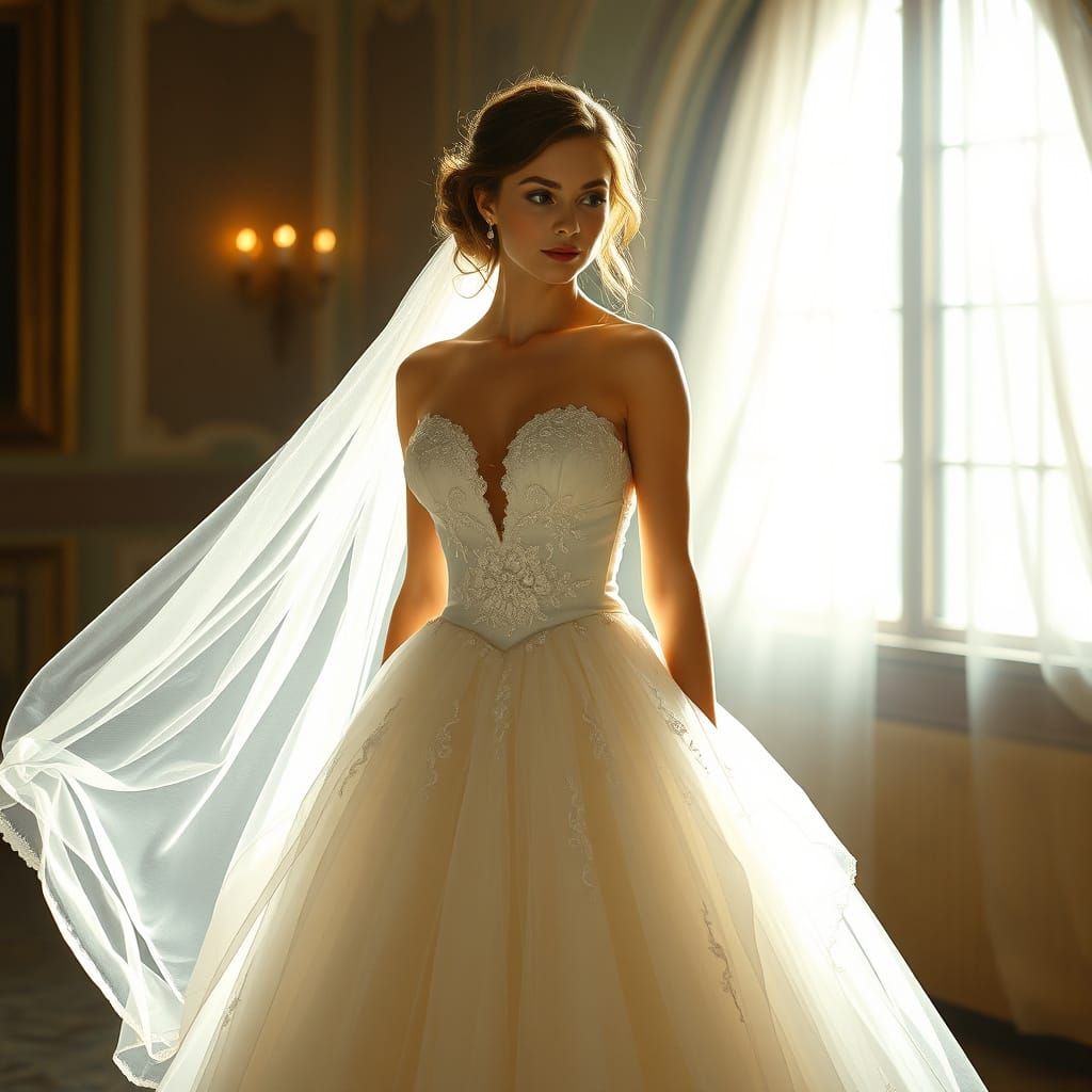 Ethereal Cinderella Wedding Gown in Soft, Warm Lighting
