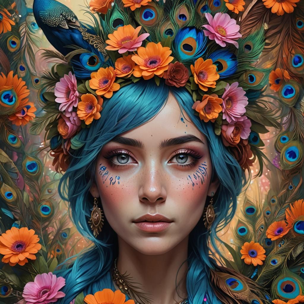 Woman with Blue Hair and Peacock Feathers