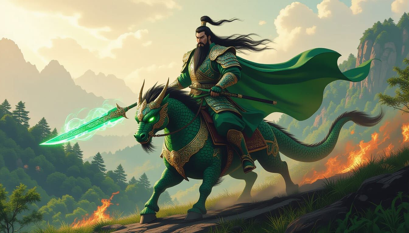 Guan Yu Riding a Dragon in Fantasy Art Style