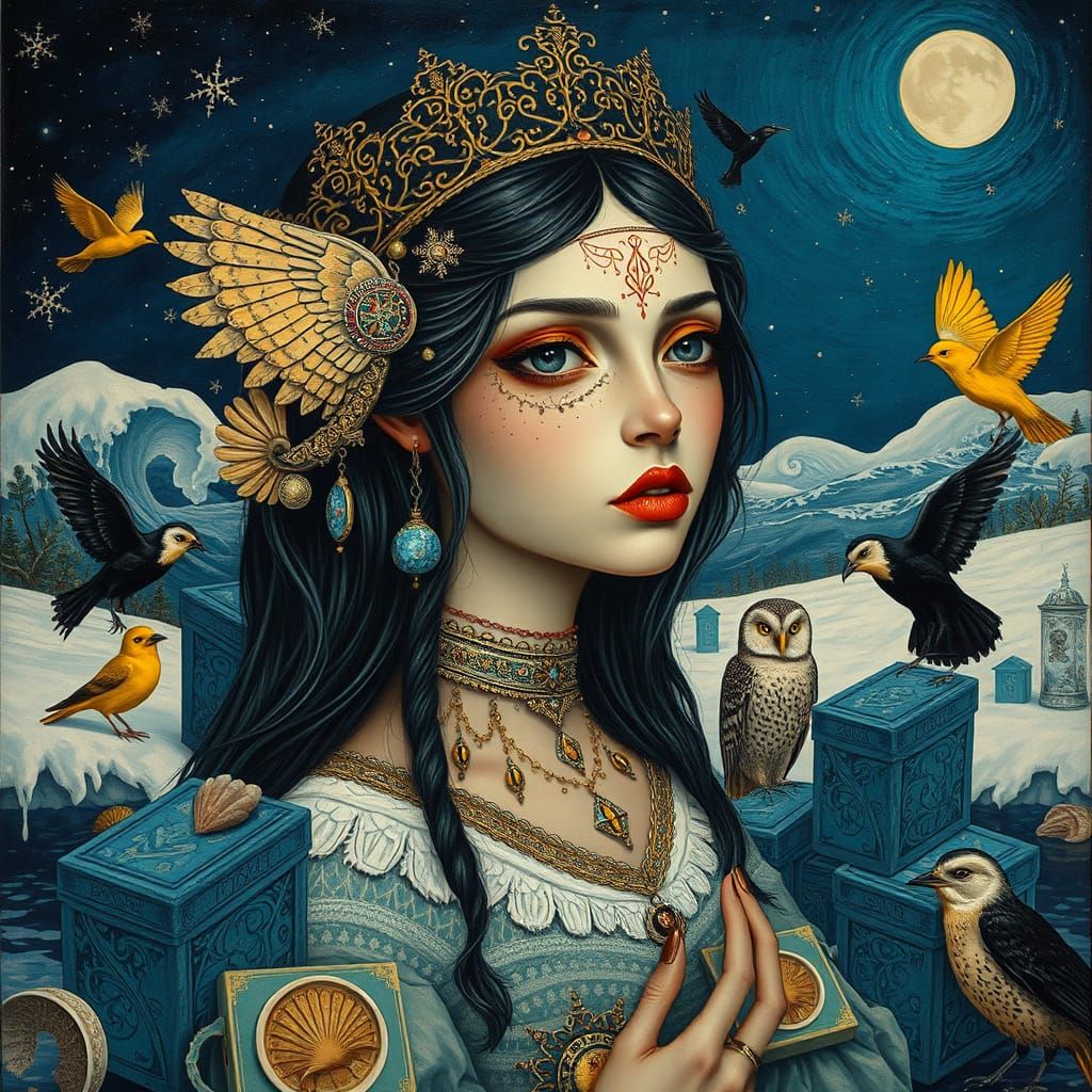 Gothic Surreal Girl in Quebec Snowscape, Klimt Gold Accents